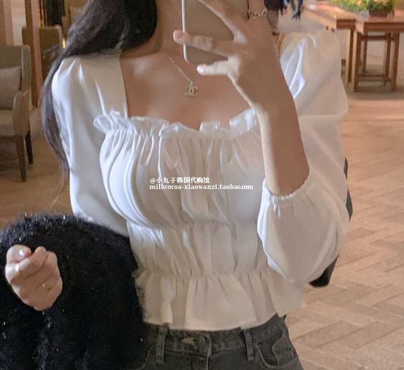 South Korea's Secondsecon pellet 9 female agaric lace to collect waist and beat bottom long sleeve square collar shirt 