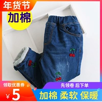 Chất liệu cotton mỏng trong mùa đông trẻ em lớn cộng với quần jean bé gái bằng vải nhung cộng với quần nhung trẻ em dày bên ngoài mặc quần thoi trang tre em