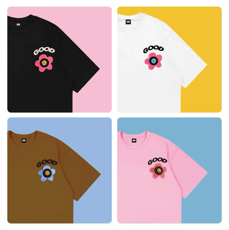 Goodbite Floral Short-Sleeve T-Shirt with Movable Expression Display, Casual Pure Cotton Trendy Round Neck, Stylish New Style for Young Men