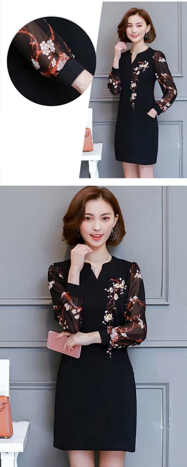 Mùa thu sản phẩm mới kích thước lớn của phụ nữ Hàn Quốc phiên bản của tính khí chất béo mm lỏng mỏng V-Cổ thêu phần dài dài tay ăn mặc đầm kiểu
