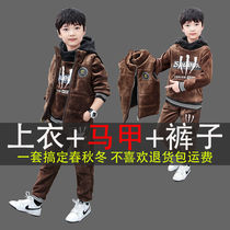 Childrens Clothing Boy Winter Clothing Suit 2021 New Children Winter Plus Suede Thickening CUHK Sports Gold Velvet Three Sets