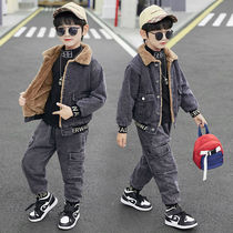 Boy winter clothing suit 2021 new CUHK child winter child plus suede thickened fashion handsome and cowboy two sets