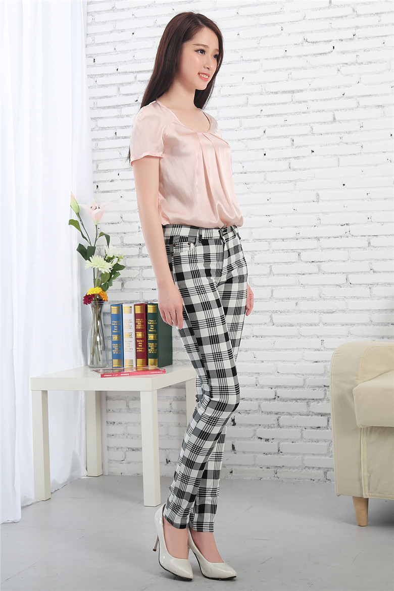 Mùa xuân và mùa thu Quần kẻ sọc Quần nữ Slim Houndstooth Slim Đàn hồi cao Quần thường Quần chân Bút chì Quần siêu quần quần cotton nữ 