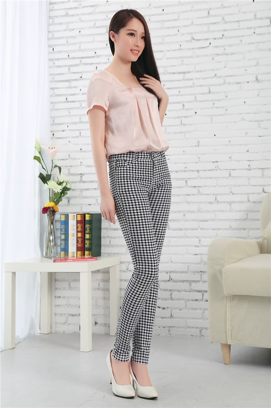 Mùa xuân và mùa thu Quần kẻ sọc Quần nữ Slim Houndstooth Slim Đàn hồi cao Quần thường Quần chân Bút chì Quần siêu quần