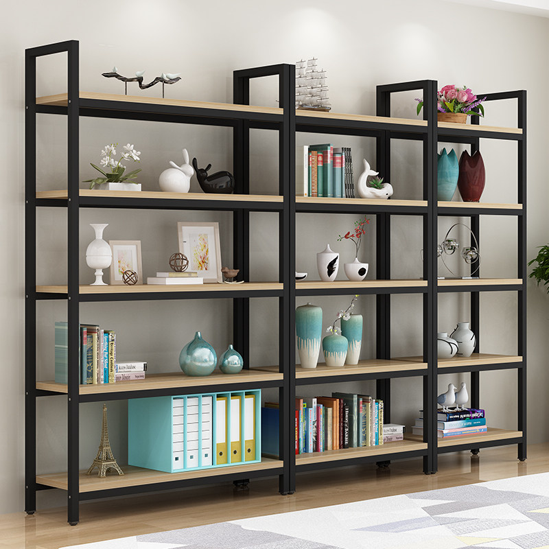 Simple bookshelf shelf Multi-layer simple floor-to-ceiling living room compartment Steel wood shelf display rack Partition flower rack Wrought iron