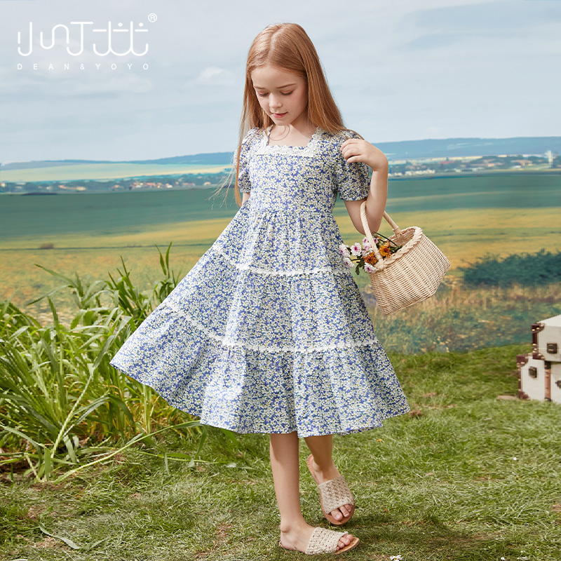 Girls Floral Dress 2022 Summer Dress New Western Style Children's Lace Collar Over the Knee Big Children's Cake Skirt Super Fairy