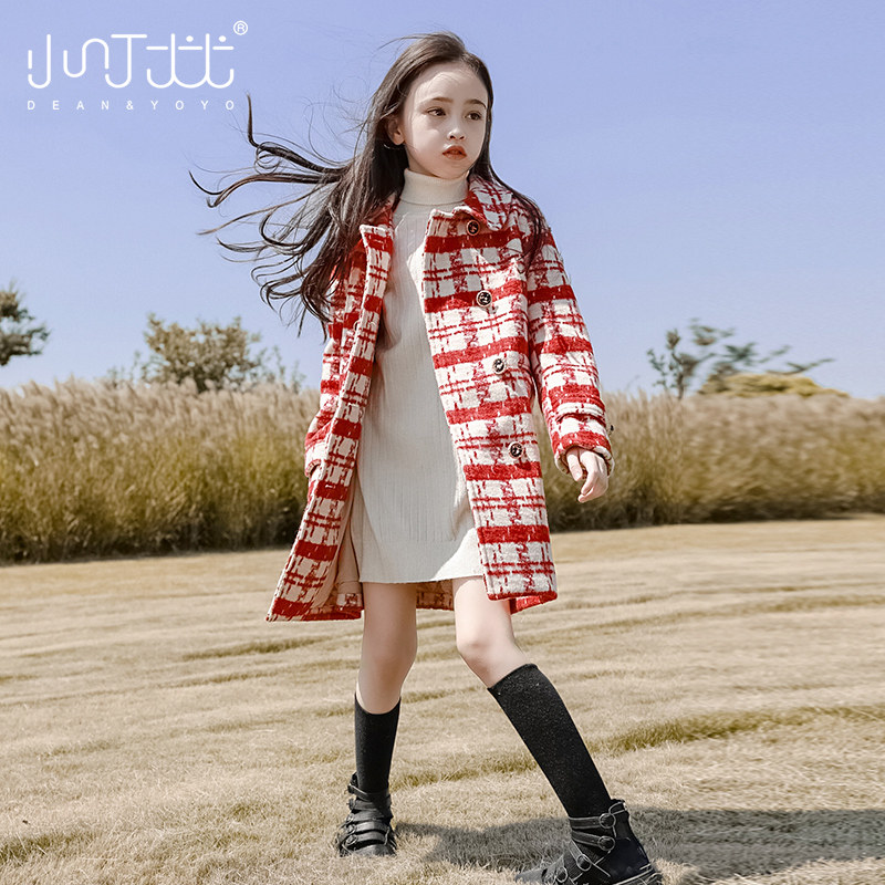 Girls wool coat 2021 New Year's wear autumn winter new style foreign style children's retro plaid in the big boy tweed coat
