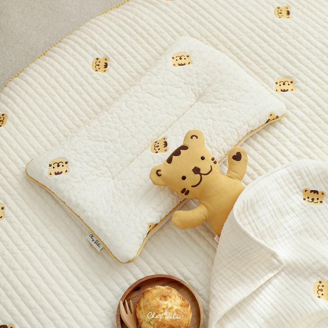 Chezbebe Newborn Tiger Embroidery Double-sided Pillow 100 Pure Cotton Baby Antibacterial Flat Pillows