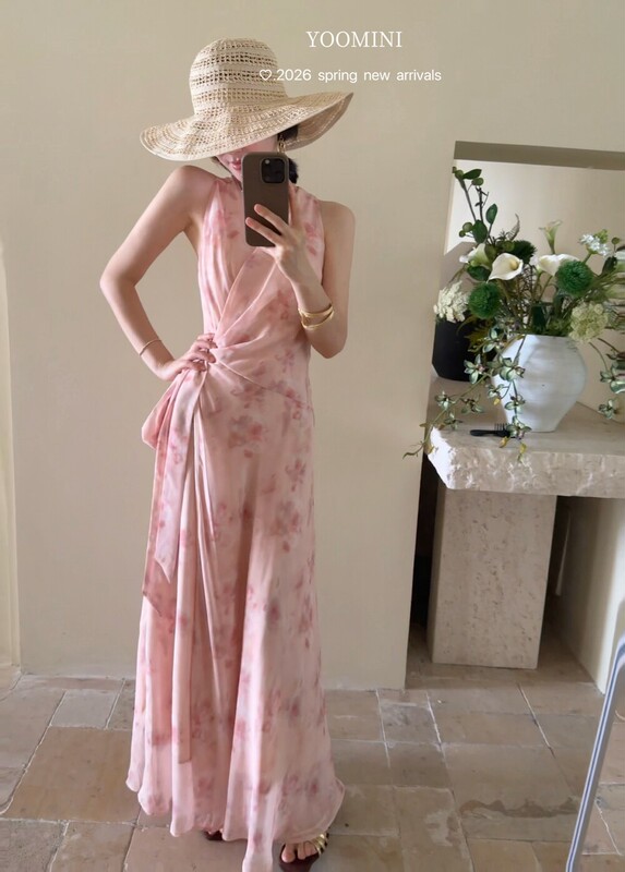Yoomini New Summer Korean Style V-Neck Cross-Waist Tie-Up Printed Gentle Vacation Style Vest Dress