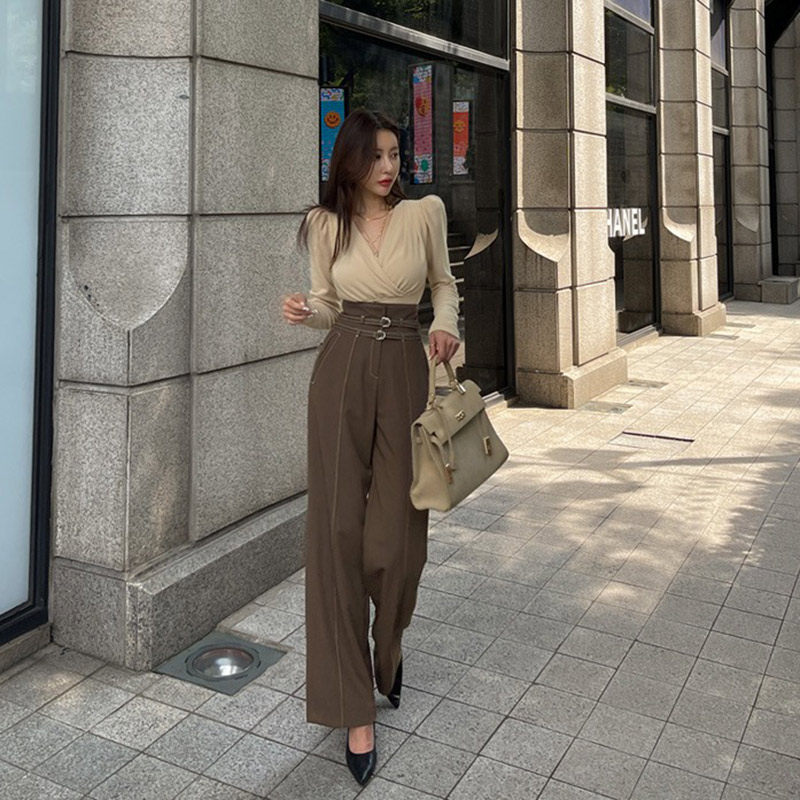 Spring Autumn Winter Women Casual Suit Long Pants 2022 High Waist Display Slim Cog Feel Free Ironing Commuter Straight Drum Wide Pants Pocket