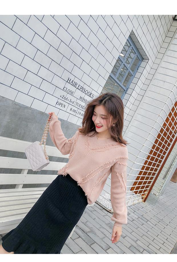 Áo dệt kim nữ tay dài mùa thu 2018 mới bộ tua rua màu hồng cổ chữ V màu đỏ tops Áo len gió lửng ngọn áo cổ lọ