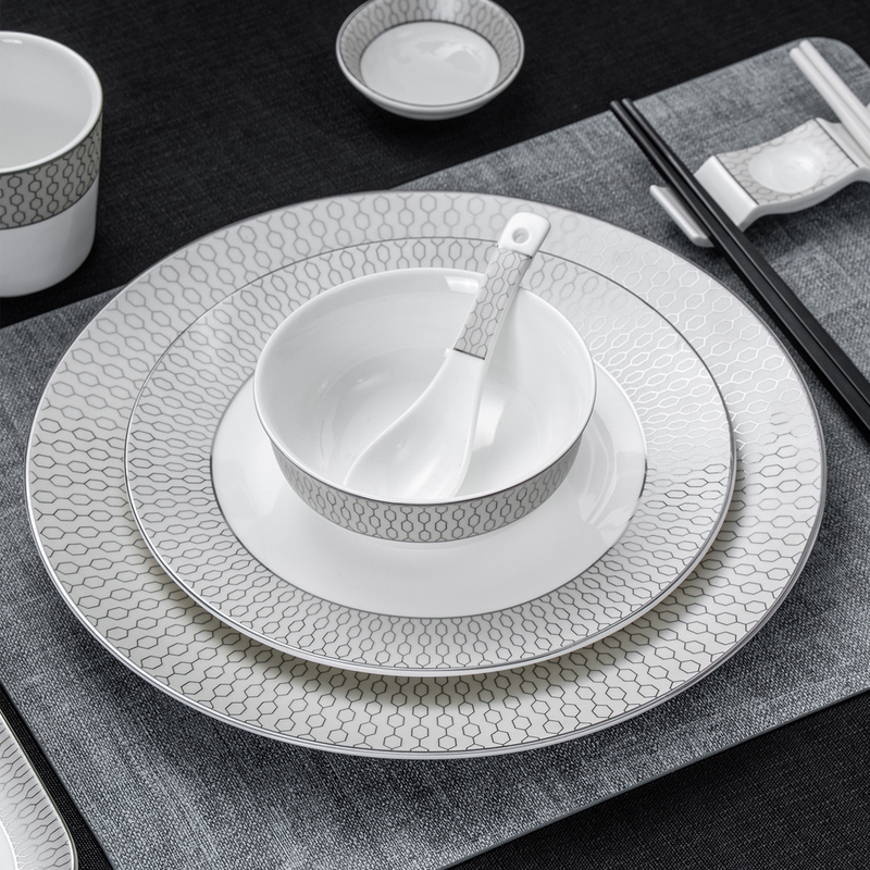 High-End Hotel Ceramic Tableware Set, Classy and Luxurious Geometric Texture Bowls and Plates, Specially Designed for Restaurant and Club Private Rooms