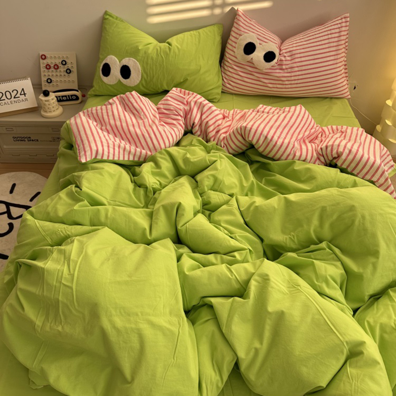 Solid Color ins Washed Cotton Four-Piece Set Matcha Green Large Eye Towel Embroidery College Dormitory Bed Three-Piece Set Striped4