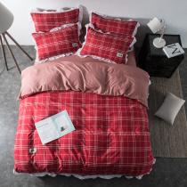 Color loom washed cotton four pieces of sheath striped plaid with lace princess wind bed linen bed Ogasawara double man bed with supplies