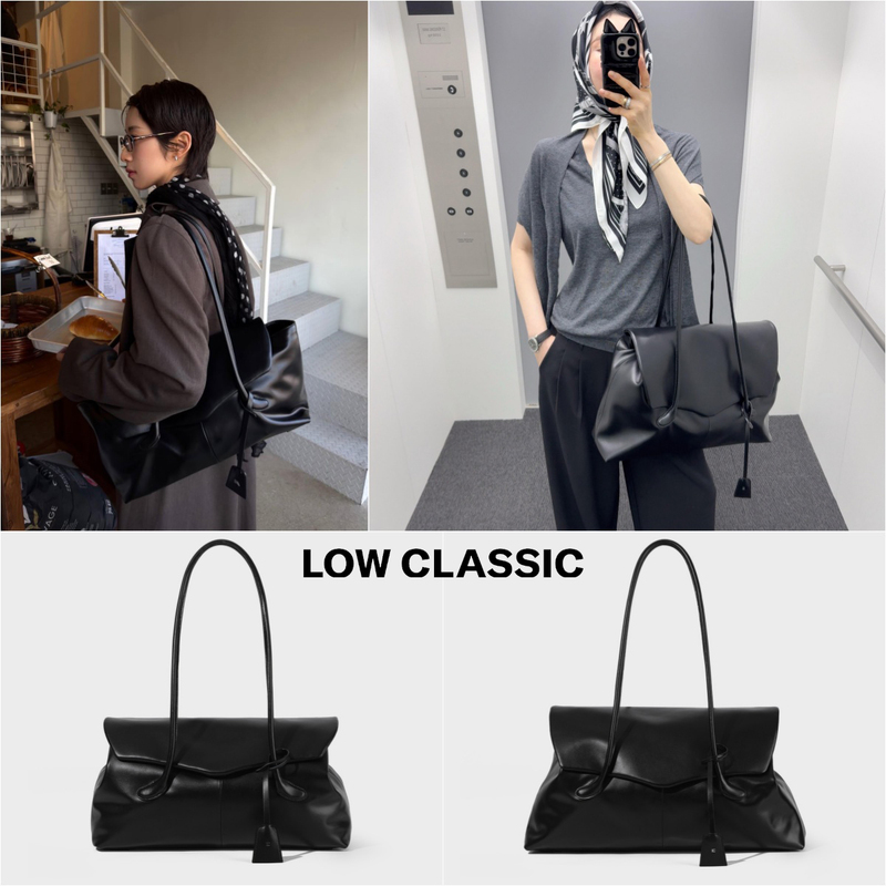Authentic Korean Low Classic Bag, Retro Style Black Flip-Top Handbag, Lc Versatile Shoulder Tote Bag for Women