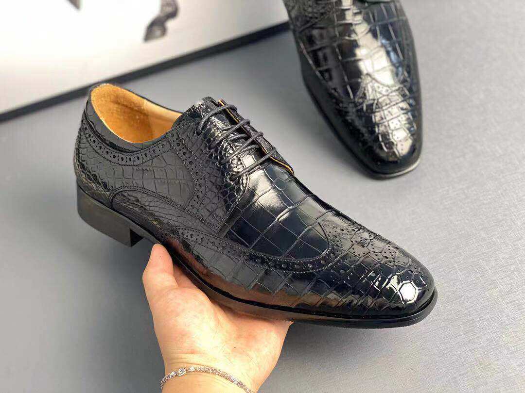 2021 Thailand Business Men's Crocodile Belly Shoes Casual Bullock Carved Lace Up Dress Sewing Pointed Toe Derby