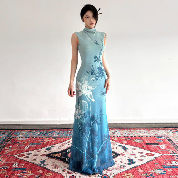 Msyoucan blues moment ແບບຈີນແບບໃຫມ່ contrast color plant print dress ເຄິ່ງຄໍເຕົ່າ slim ຊຸດຍາວ sexy