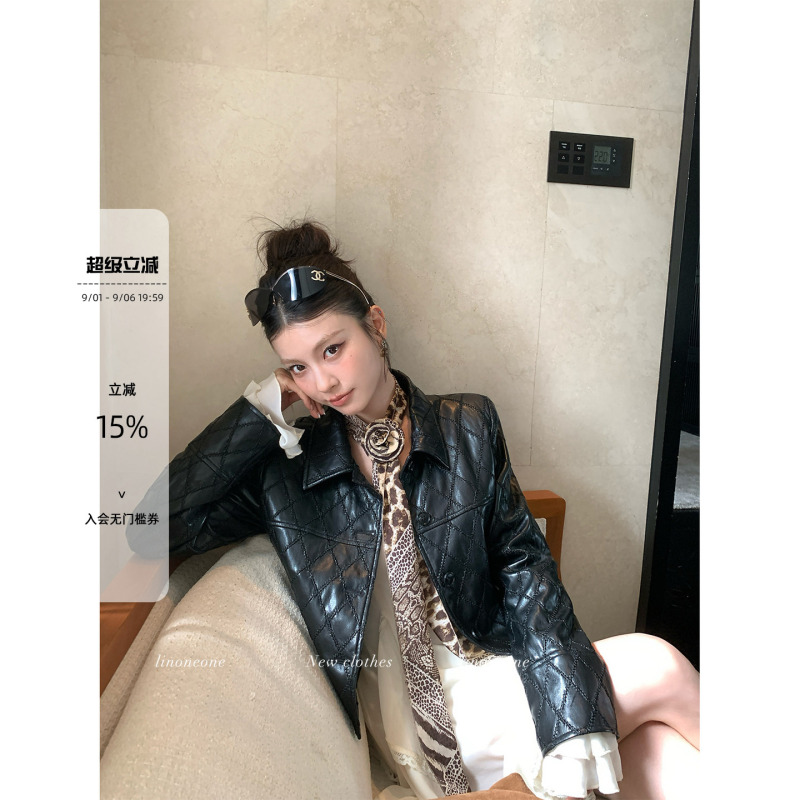 Linoneone Film-Patterned Quilted Pu Leather Jacket with Heavy-Duty Lapel and Diamond Quilting for Women, Autumn Cotton Coat