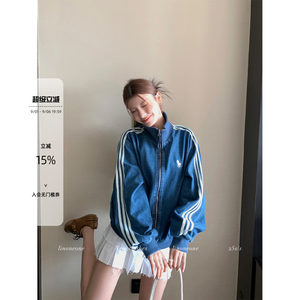 Linoneone Seoul Fashionista Old Money Embroidered Denim Casual Three-Stripe Loose Jacket