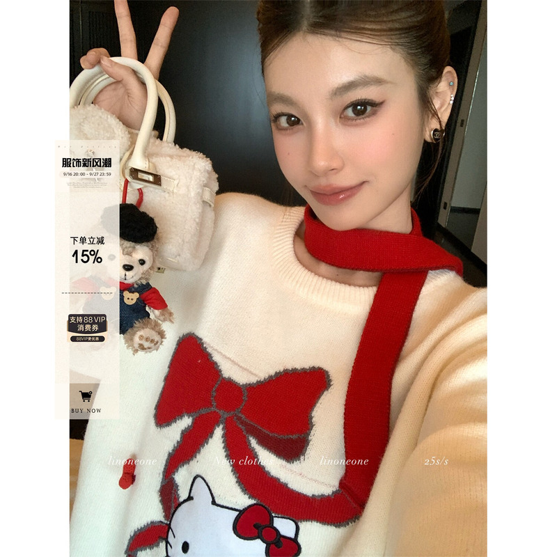 Linoneone Christmas Kt Zhang Ruonan's Same Style Three-Dimensional Red Ribbon Gift Embroidered Knitted Sweater Linoneone Christmas Kt Zhang Ruonan's Same Style Three-Dimensional Red Ribbon Gift Embroidered Knitted Sweater