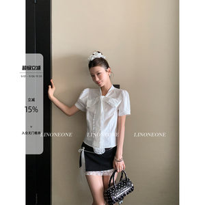 Linoneone Cloud Breathing White Bow Bubble Short Sleeve Shirt with Ribbon
