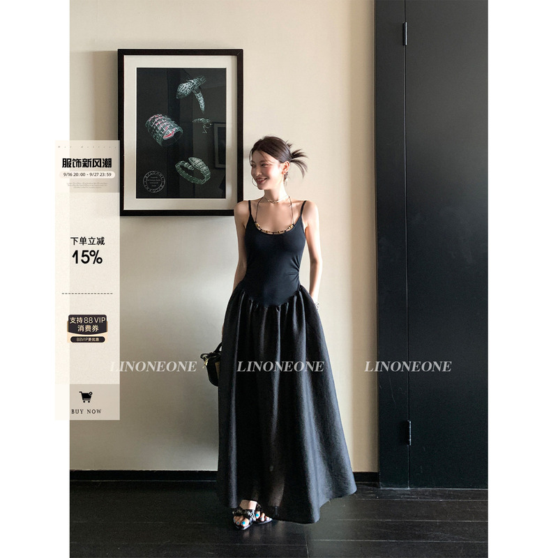 Linoneone Coco Black Slim-Fit Lyocell Waist-Cinching Acetate Large Skirt Strap Dress