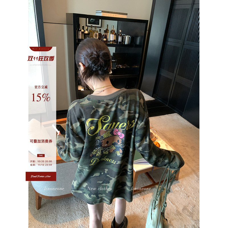 Linoneone Black Leather Camouflage Kt Original Print American Sweet Cool Camouflage Long-Sleeve T-Shirt Casual Loose Top