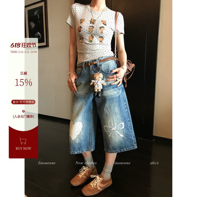 Linoneone Milk Heart Denim American Retro Distressed Frayed Heart Bow Three-Quarter Length Denim Wide-Leg Pants