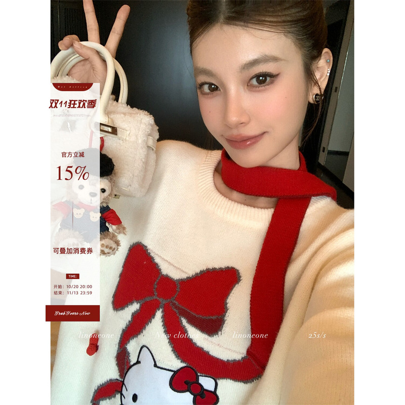 Linoneone Christmas Kt Zhang Ruonan's Same Style Three-Dimensional Red Ribbon Gift Embroidered Knitted Sweater
