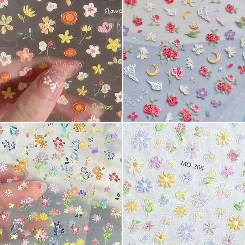 New Spring Floral Nail Stickers, Super Popular Daisy ins Embossed Oil Painting, Fresh, Romantic, High-End Nail Stickers