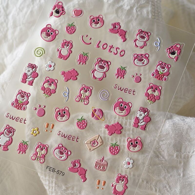 Cartoon Strawberry Bear Nail Art Stickers 3D Embossed Little Red Book Popular Cute Bear Girl Nail Decoration Stickers