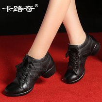 Kaluqi leather dance shoes womens 2021 spring new dance shoes adult soft-soled mid-heel sailor square dance shoes