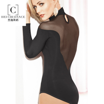 National standard dance womens one-piece mid-sleeve modern dance autumn and winter practice clothes ballroom dance transparent net sexy exposed back top