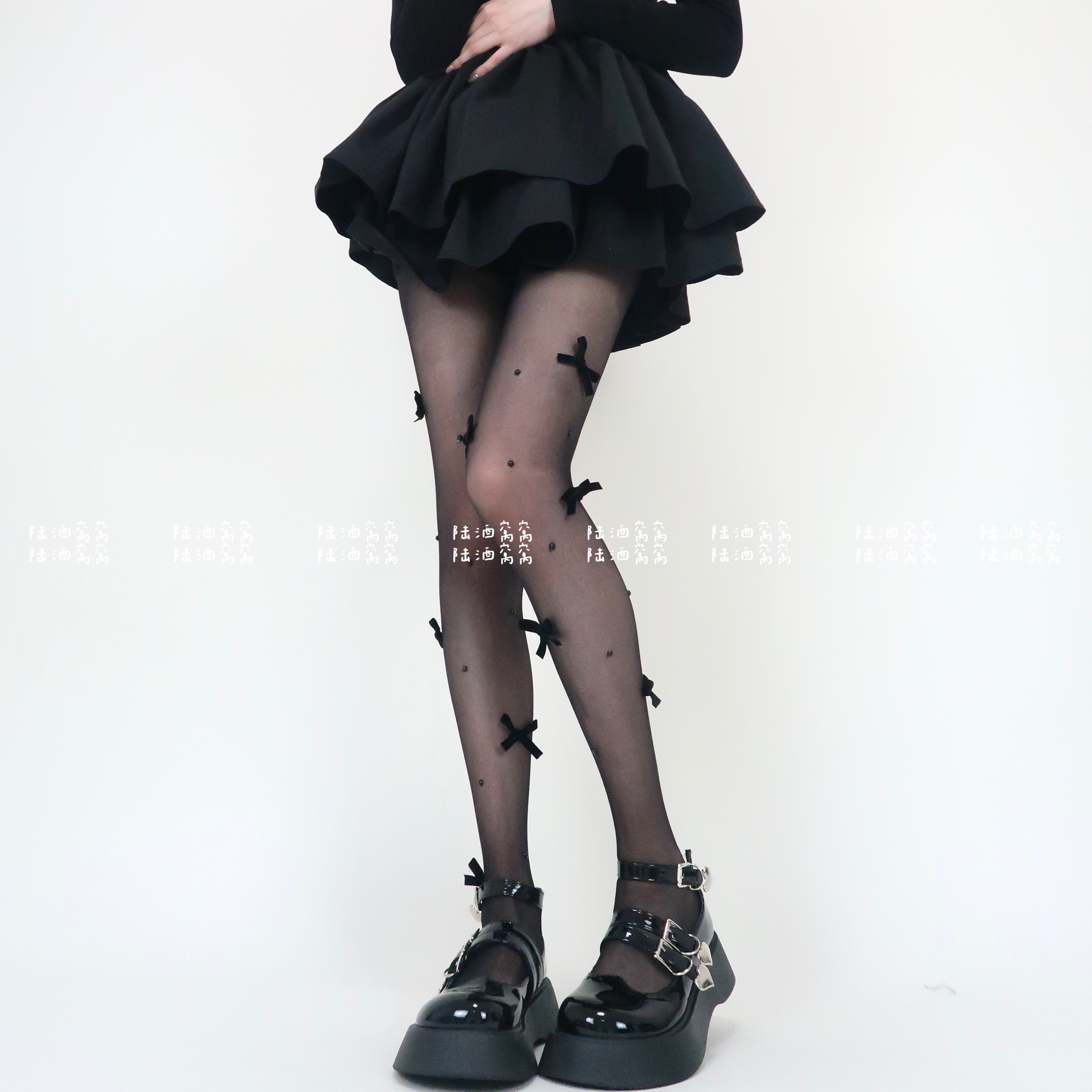 Land Wine Nest Spring Summer New Products Black Silk Girl Hearts Velvet Butterfly Knot Pearls Arbitrarily Cut Conjoined Socks Lady-Taobao