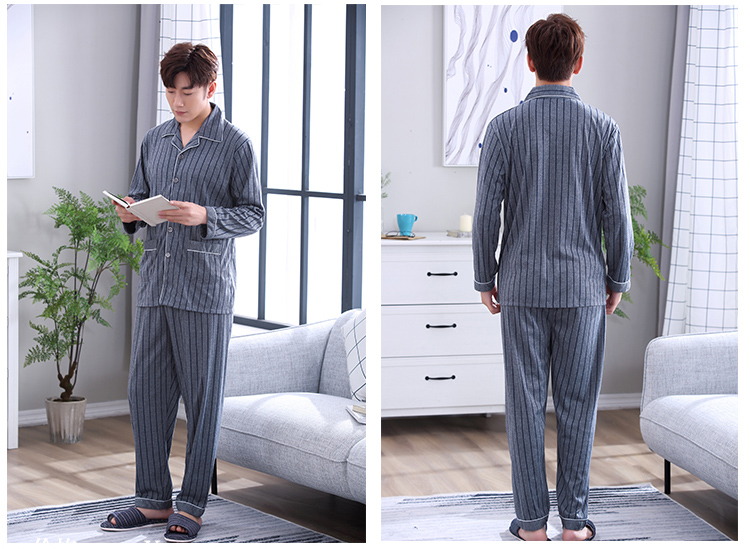 Bộ đồ ngủ nam dành cho nam trung niên Áo dài tay cho bé Áo len cotton rộng Kích thước lớn mùa xuân và mùa thu Người cao niên trung niên pijama nam
