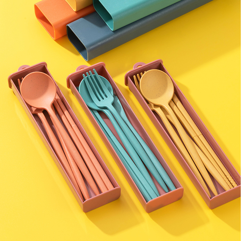 Wheat Straw Tableware Outdoor Portable Set Chopsticks Three-Piece Set Spoon Storage Box Single-Person Set Convenient Take-Out Wheat Straw Tableware Outdoor Portable Set Chopsticks Three-Piece Set Spoon Storage Box Single-Person Set Convenient Take-Out