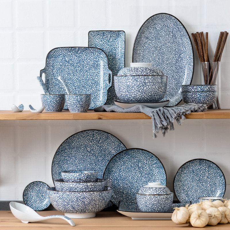 Hand-painted ice crack Japanese tableware bowl household soup bowl rice bowl ceramic bowl instant noodle bowl large bowl ramen bowl plate