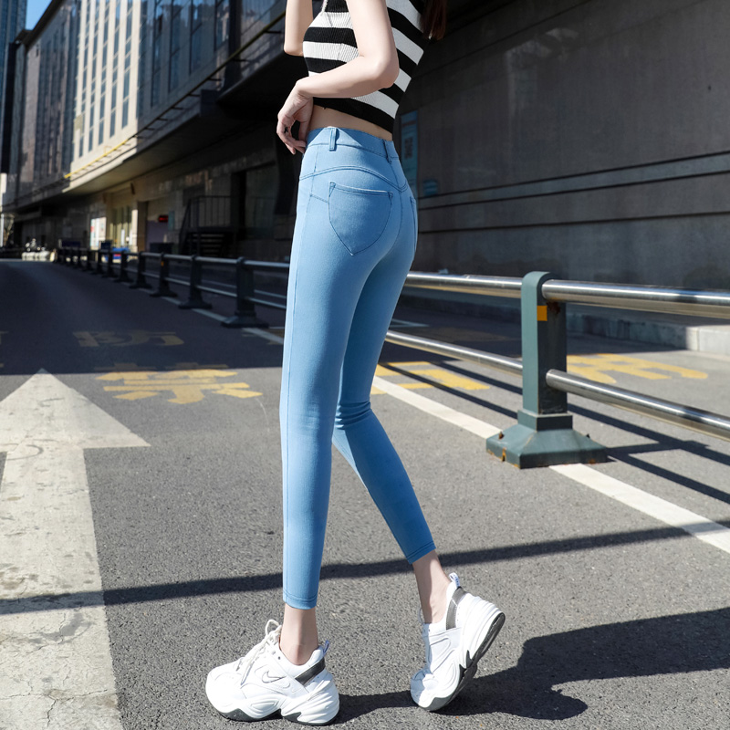 Thin section high stretch jeans women high waist spring and summer ultra-thin nine points elastic waist peach hip seven points tight feet