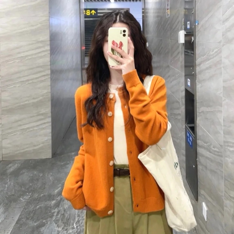 Fufu! Spring and Autumn Petite-Friendly, Complexion-Enhancing Pumpkin Orange Cardigan Sweater Top for Women, Lazy Style, Slimming Coat