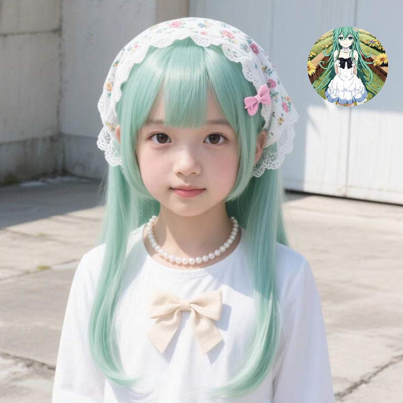 May Day Children's Wig Cosplay Mint Green Long Straight Hair Gentle Pastoral Air Bangs Girl Loli Sweet Full Head