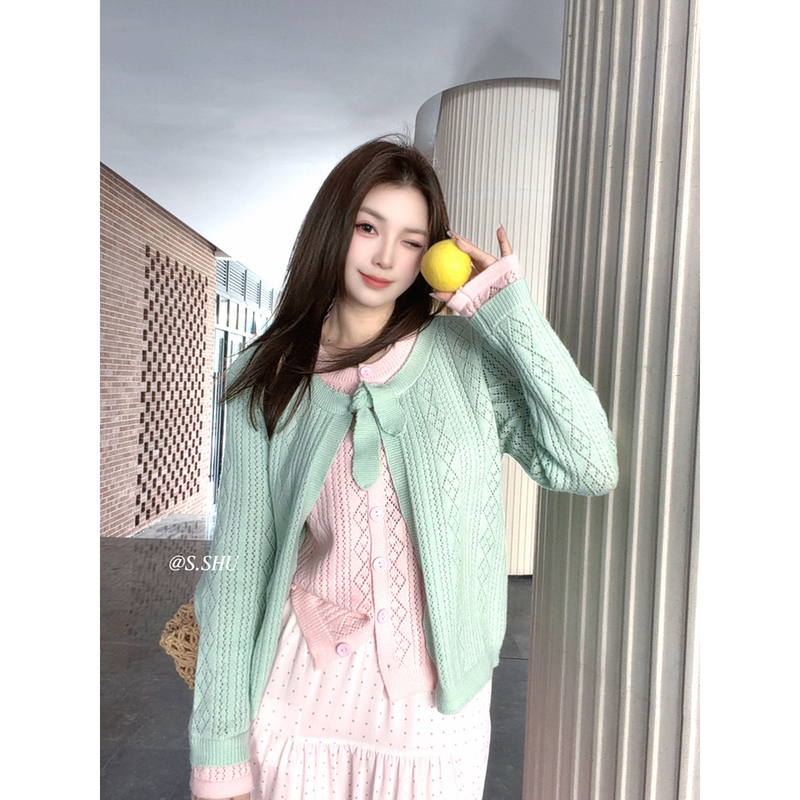 26 Spring Girl Style Two-In-One Knitted Cardigan for Women, Korean Style Layered Color-Block Green and Pink Sweater Jacket