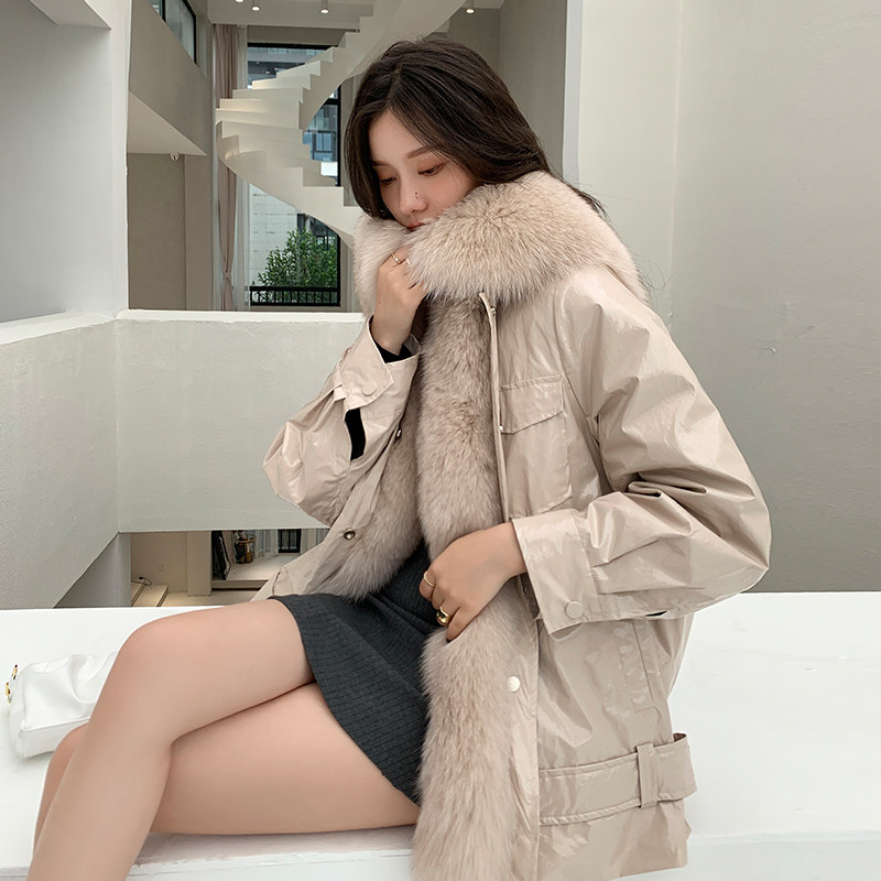 Pike 2022 new women's rex rabbit fur liner fur coat mid-length large fox fur collar young fashion