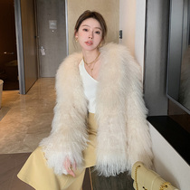 2021 New Car Bar Beach Wool Leather Grass Jacket Woman Mid long Tide Henning Sheep Rolls Fur Coat Youthful fashion