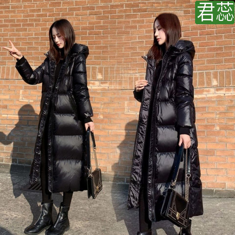 Black down Cotton Coat for Women, Long Over-The-Knee Style, 2025 Winter Korean Version, Glossy Cotton Jacket, Thickened Hooded Cotton Coat