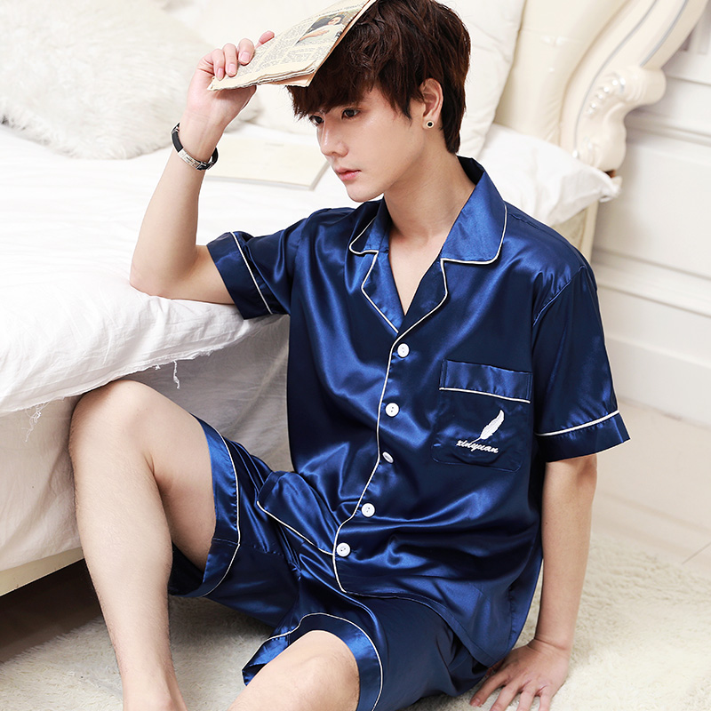 Summer băng lụa ngắn tay pajamamen mens cardigan trẻ rắn màu mỏng lụa thở hai mảnh phù hợp với nhà quần áo bên ngoài.