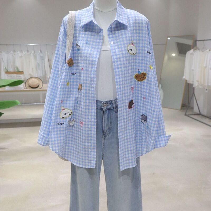 2026 New Summer Retro Fun and Cute Embroidered Pattern Sun Protection Clothing Blue Plaid Long-Sleeved Shirt Women's Jacket 2026 New Summer Retro Fun and Cute Embroidered Pattern Sun Protection Clothing Blue Plaid Long-Sleeved Shirt Women's Jacket