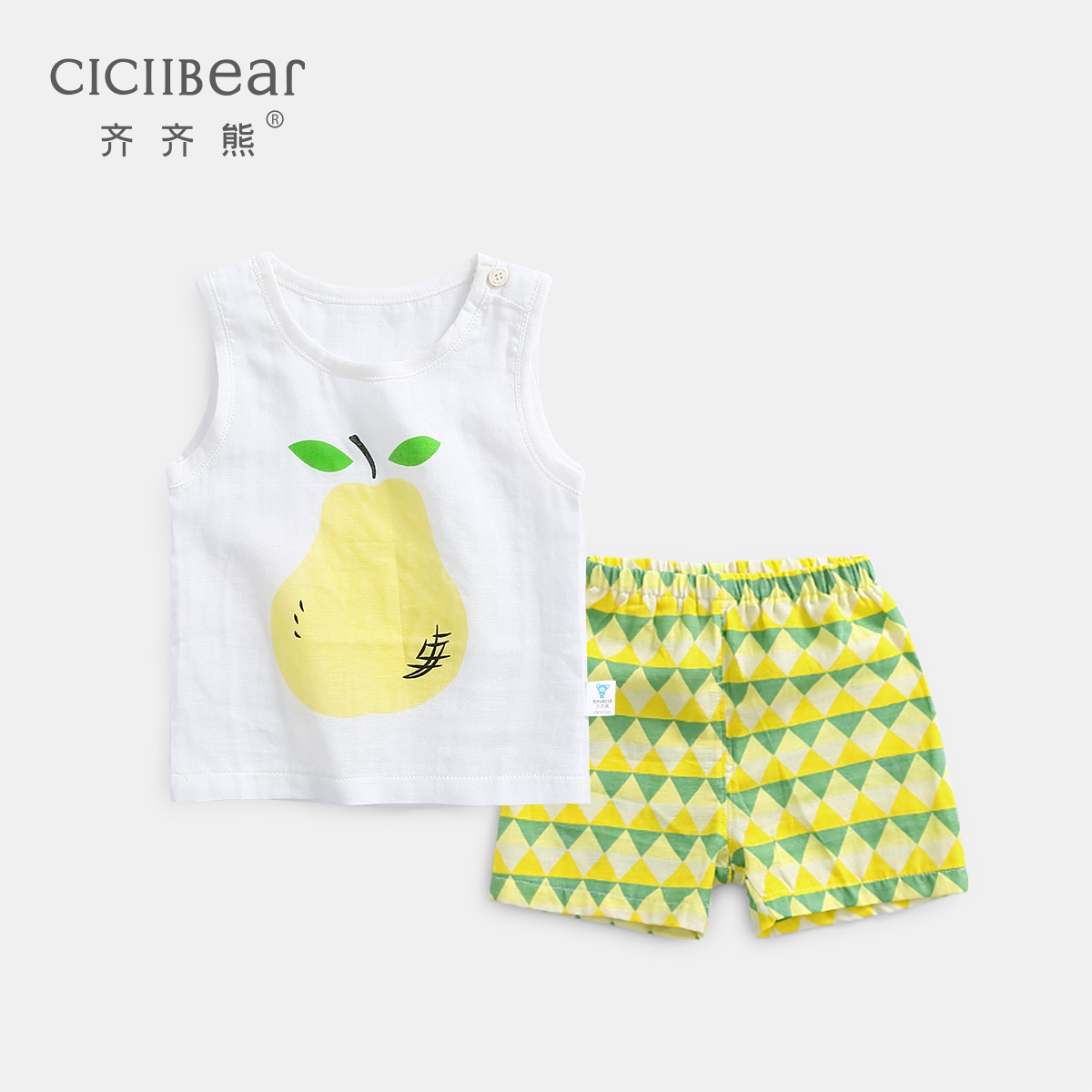 And models off the shelves of infant clothes cotton gauze set summer men and women Baby cartoon pear vest two-piece set