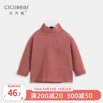 Qi Qi bear baby base shirt half high collar spring and autumn baby T-shirt striped inside children long sleeve top boys