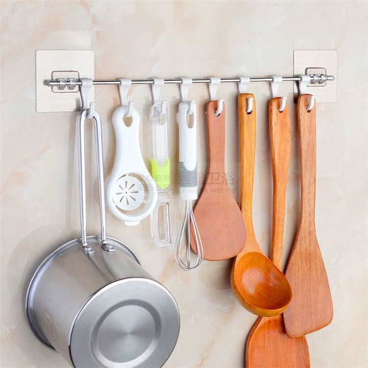 Punch-free kitchen hook wall hanging kitchen bathroom pendant clothes hook towel sticky hook pot spatula hook stainless steel row hook shelf