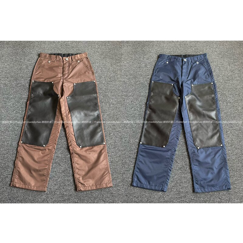 【Ceiling Top 925 Silver】25Ss Color-Block Cross-Knee Patchwork Leather Nylon Lumberjack Work Pants Unisex